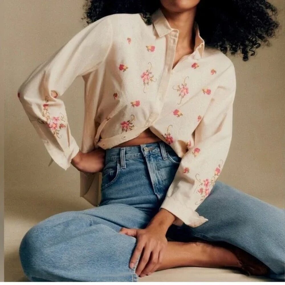 Sezane Maxy Shirt - Sézane X Andion Cream With Pink Floral Embroidery